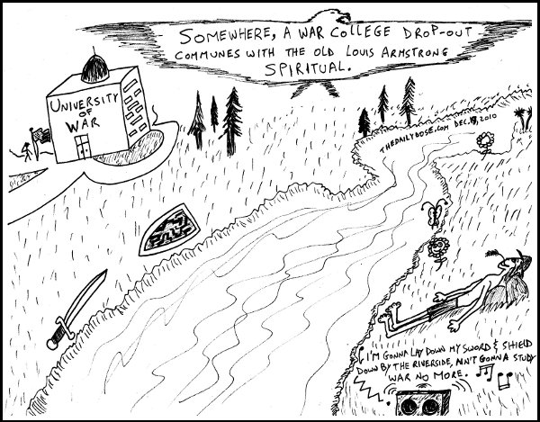 background: the University of War. foreground: a man lays down resting bhy the riverside. a radio plays the lyrics 
of the old spiritual, 