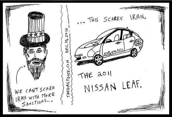 editorial cartoon about US and Iran diplomatic tensions, solved by the 100% electric 2011 Nissan 
Leaf. from thedailydose.harari.org