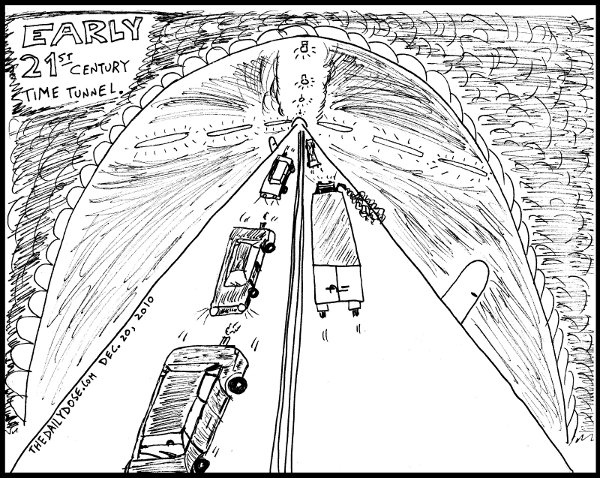 editorial cartoon of an early 21st century time tunnel. from thedailydose.harari.org