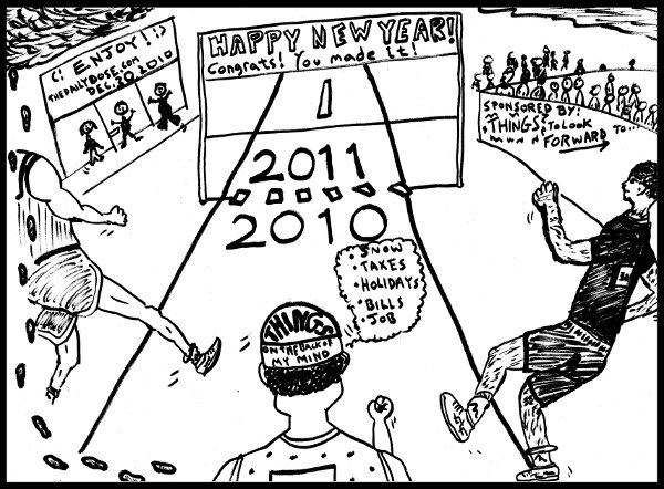 cartoon: it's a race to new year's eve 2010 - 2011, and the finish line is in sight, from thedailydose.harari.org
