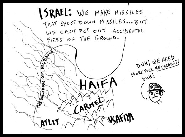 ISRAEL: 
We make missiles that shoot down missiles, but we can't put out accidental fires on the ground. Israeli fireman: DUH! We need more fire RETARDANTS! Duh!  thedailydose.harari.org 
.