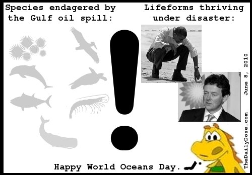 Species 
endangered by the Gulf oil spill: Birds, Plankton, Dolphins, Turtles, Tuna, Shrimp, Whales. Lifeforms thriving under disaster: Obama, Hayward. Happy World Oceans Day. 
thedailydose.harari.org .