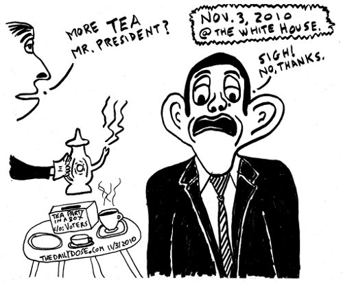 November 3, 2010 at the White House. Butler: More Tea, Mr. President? Obama: Sigh. No Thanks. (Tea Party In A Box, c/o: Voters). thedailydose.harari.org .