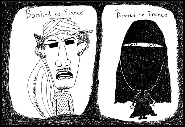 cartoon comic strip featuring france's favorite solutions to gadafi 
and the niqab , from laughzilla for thedailydose.harari.org