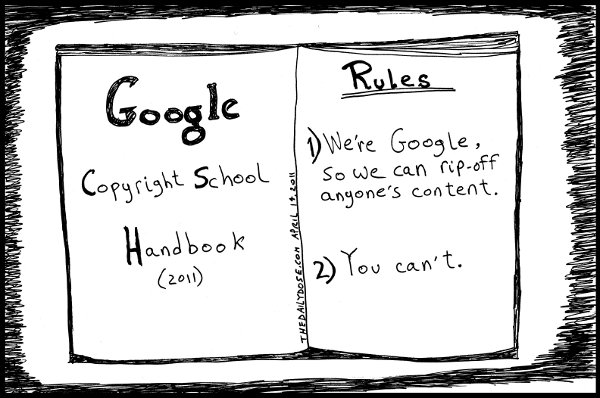 cartoon comic strip featuring parody of google copyright school rules 
, from laughzilla for thedailydose.harari.org