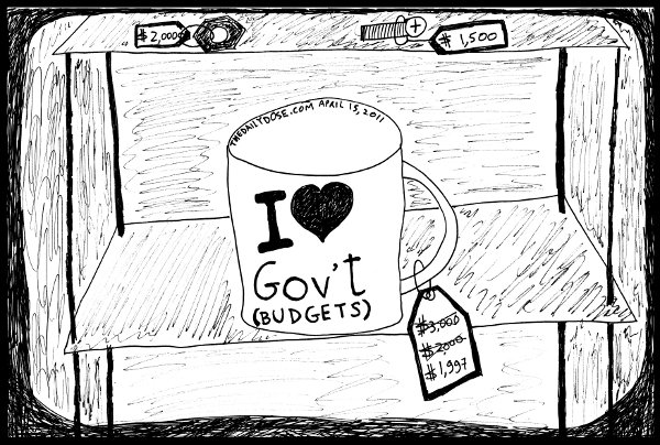 cartoon comic strip featuring parody of 2011 u.s. government budget cuts 
, from laughzilla for thedailydose.harari.org