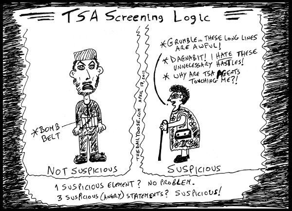 cartoon comic strip featuring satire of flawed TSA security protocols , 
from laughzilla for thedailydose.harari.org