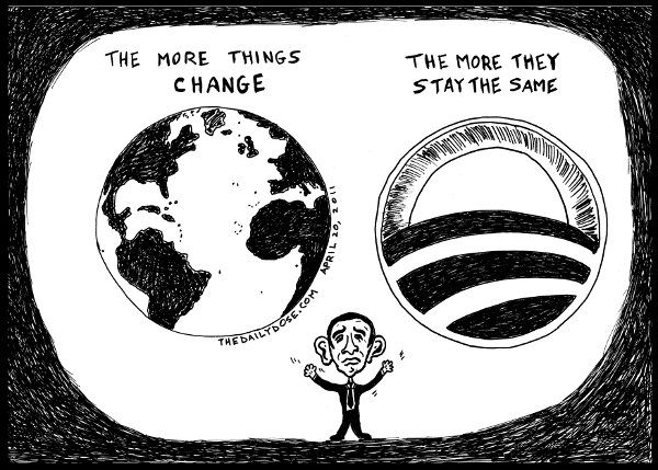 cartoon comic strip featuring satire of 
Obama juggling basketball issues of global change and keeping the status quo , from laughzilla for thedailydose.harari.org