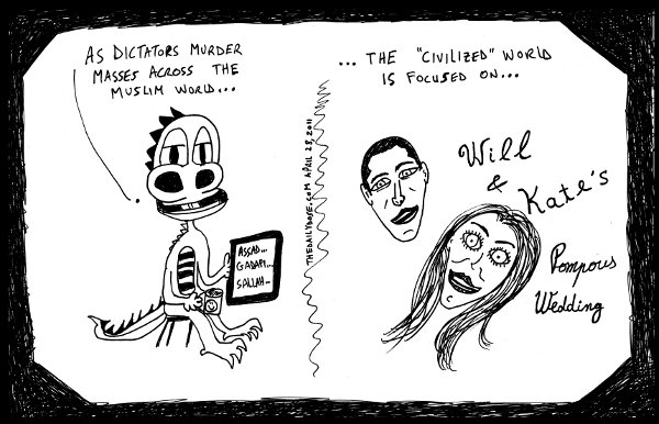 cartoon comic strip featuring laughzilla satirizing the british 
royal wedding of prince william and kate middleton , from laughzilla for thedailydose.harari.org