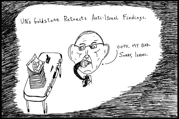 cartoon comic strip featuring un jurist richard goldstone 
apologizing for his mistakes in his anti-israel report following the war in gaza in 2008-2009 , from laughzilla for thedailydose.harari.org