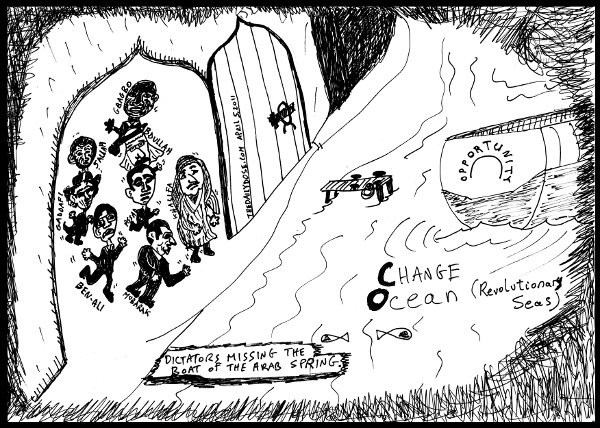 cartoon comic strip featuring dictators failing to get on board the 
opportunity sailing the ocean of change in araby during the arab spring of 2011 , from laughzilla for thedailydose.harari.org