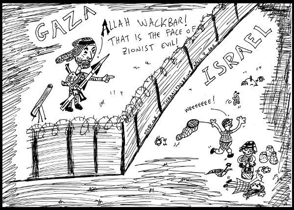 cartoon comic strip featuring a hamas kassam 
terrorist pointing to israeli children as enemies, from laughzilla for thedailydose.harari.org