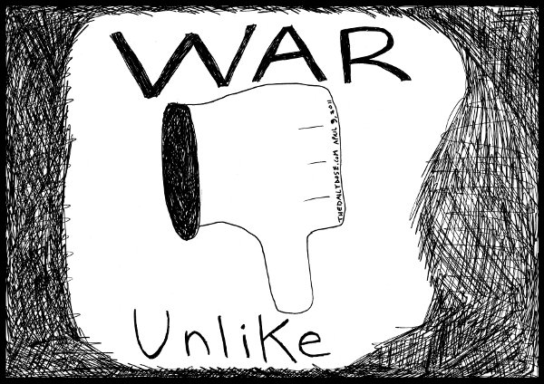 cartoon comic strip featuring an unlike icon for war , from laughzilla for 
thedailydose.harari.org