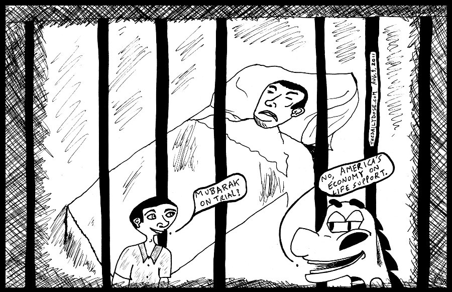 editorial cartoon panel of u.s. economy on life support behind bars of debt to china similar to image of egyptian president mubarak in cage on trial in hospital gurney news parody line drawing art ink on paper 2011 august 4 , from laughzilla for thedailydose.harari.org