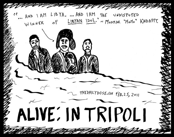 cartoon about lybian leader moammar kadaffy in tripoli , from laughzilla for thedailydose.harari.org