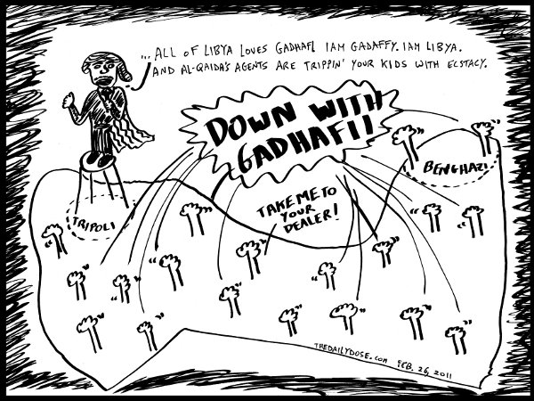 cartoon about isolated lybian leader moammar ghadafi in tripoli , from laughzilla for thedailydose.harari.org