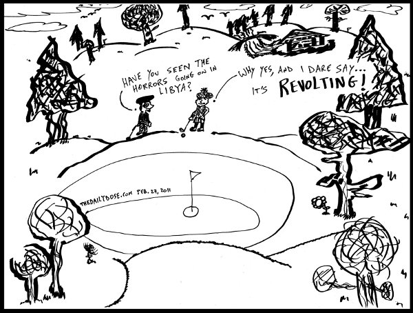 cartoon about golfers discussing revolt against lybian leader moammar ghadafi , from laughzilla for thedailydose.harari.org