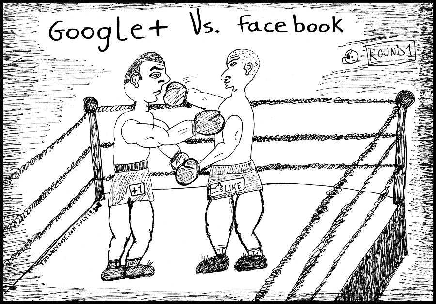 editorial cartoon panel of social network fight between google and facebook parody line drawing art ink on paper 2011 july 18 , from laughzilla for thedailydose.harari.org