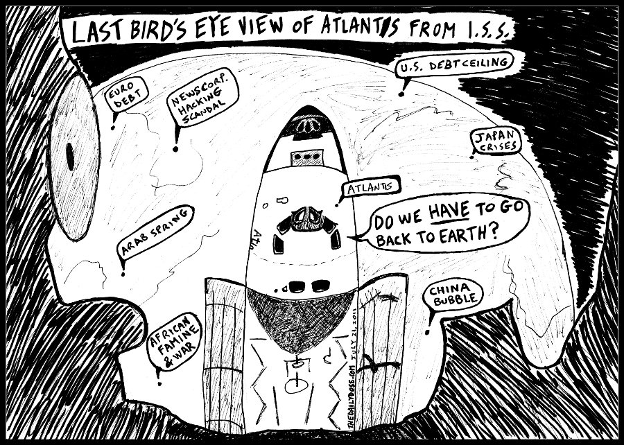 editorial cartoon panel of news headlines seen from space at the International Space Station over NASA space shuttle Atlantis parody line drawing art ink on paper 2011 july 21 , from laughzilla for thedailydose.harari.org