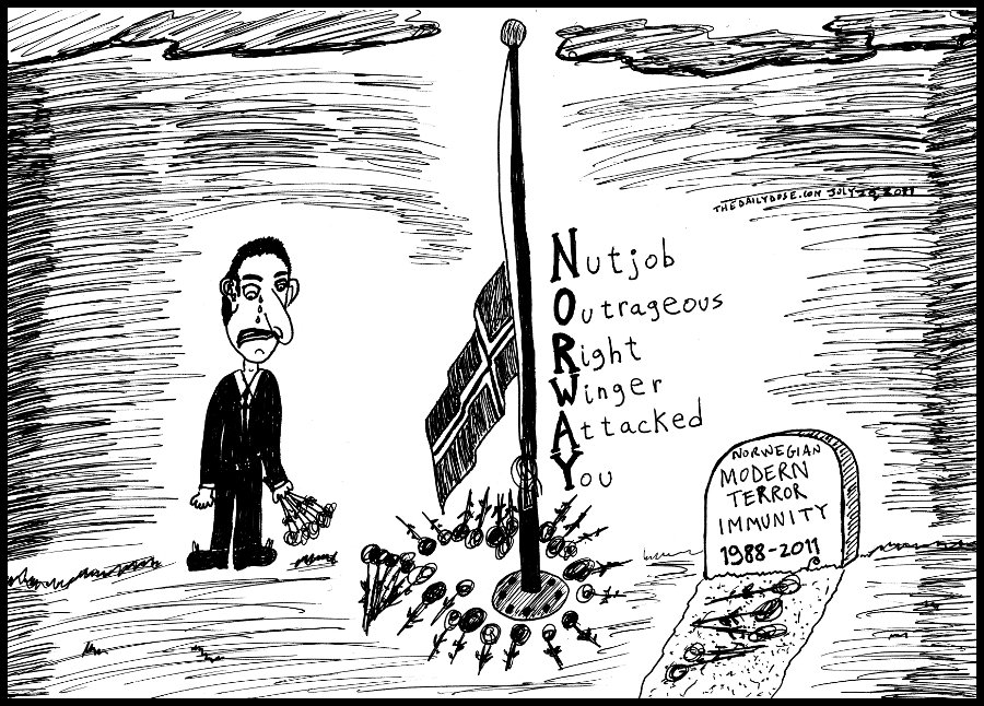 editorial cartoon panel of a man mourning for Norway after it suffered a homegrown right wing extremist terrorist attack news parody line drawing art ink on paper 2011 july 27 , from laughzilla for thedailydose.harari.org