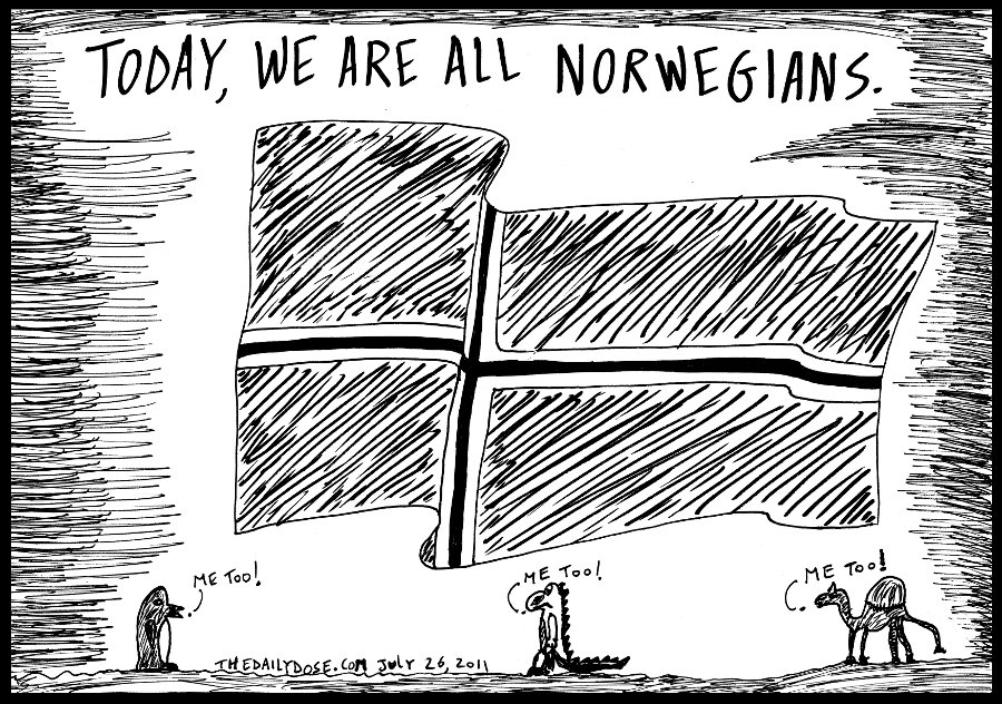 editorial cartoon panel of a flag of Norway after a terrible terrorist attack by one of its own against the Norwegian people news parody line drawing art ink on paper 2011 july 27 , from laughzilla for thedailydose.harari.org