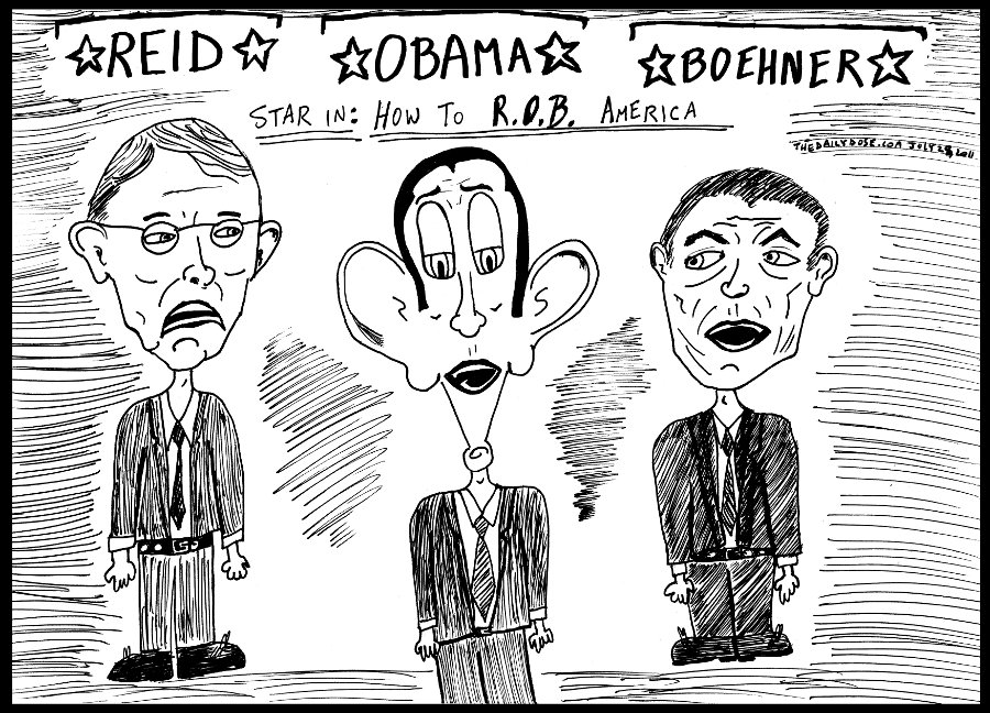 editorial cartoon panel of senator reid and congressman boehner with president obama as stars of a new movie called how to R.O.B. America news parody line drawing art ink on paper 2011 july 31 , from laughzilla for thedailydose.harari.org