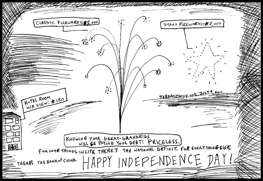 political cartoon panel of american independence day in debt to the 
bank of china as a classic mastercard advertising parody line drawing art ink on paper 2011 july 4 , from laughzilla for thedailydose.harari.org