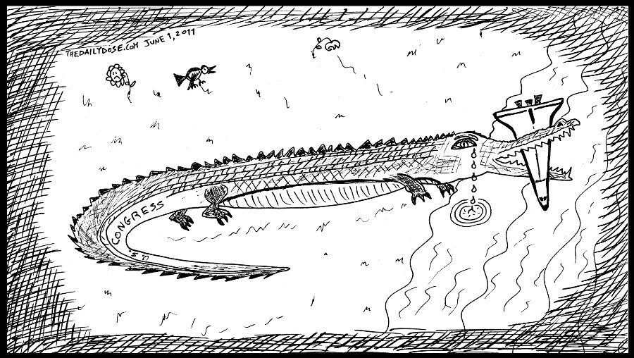 political cartoon panel parody of 
the u.s. congress crying crocodile tears over the end of the nasa space shuttle program which it killed off news satire science culture line drawing art ink on paper 2011 june 1 , from laughzilla for thedailydose.harari.org