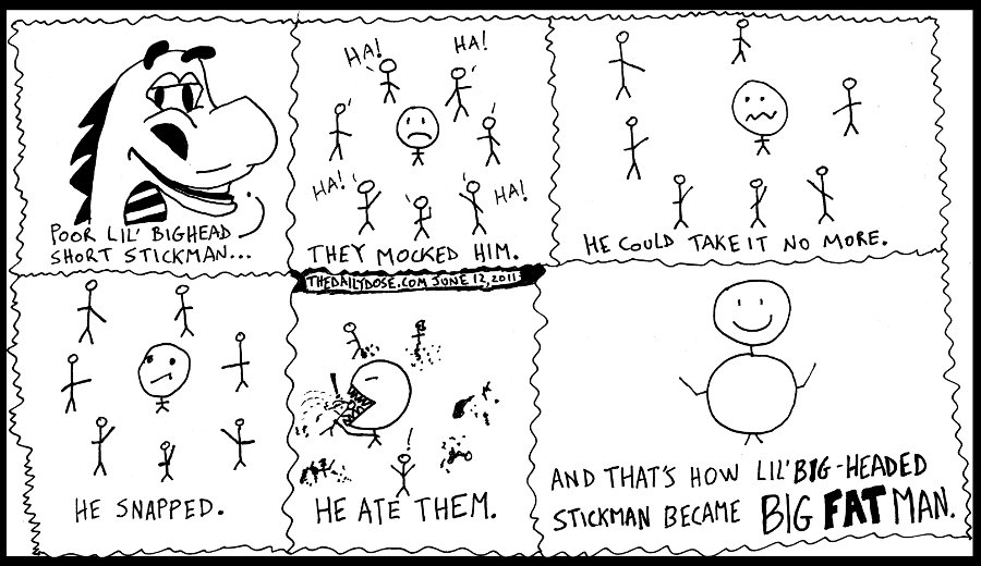 cartoon panel of how little big head stickman became big fat 
man line drawing parody of xkcd webcomic eXtra Kilo Calorie Diet art ink on paper 2011 june 12 , from laughzilla for thedailydose.harari.org