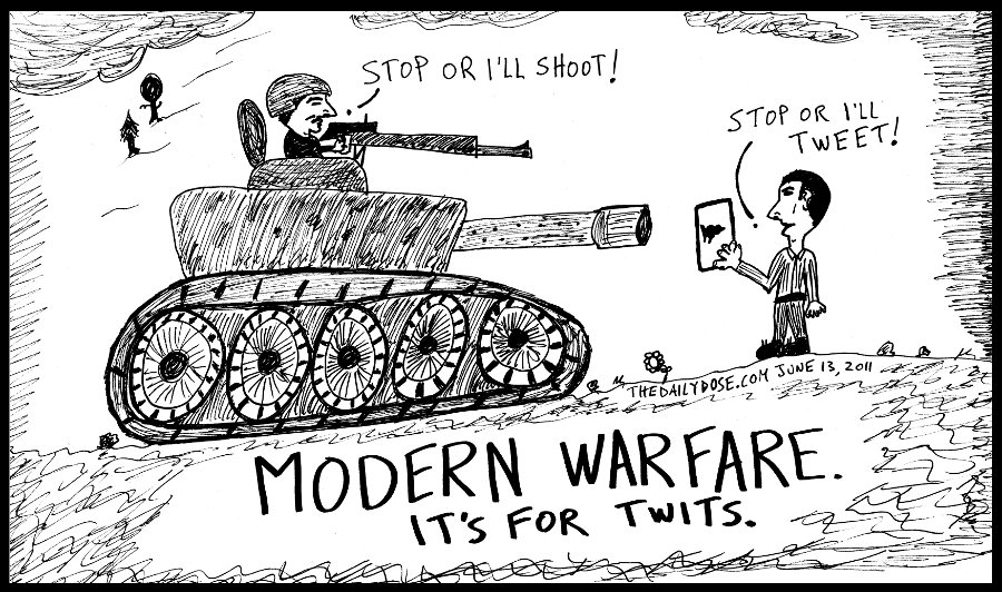 cartoon panel of modern warfare twitter cyberculture internet 
technology line drawing people power parody art ink on paper 2011 june 13 , from laughzilla for thedailydose.harari.org