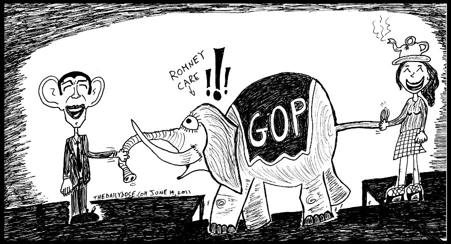 cartoon panel of american politicians president 
obama mitt romney and tea party leader michele bachmann line drawing people power parody art ink on paper 2011 june 14 , from laughzilla for thedailydose.harari.org