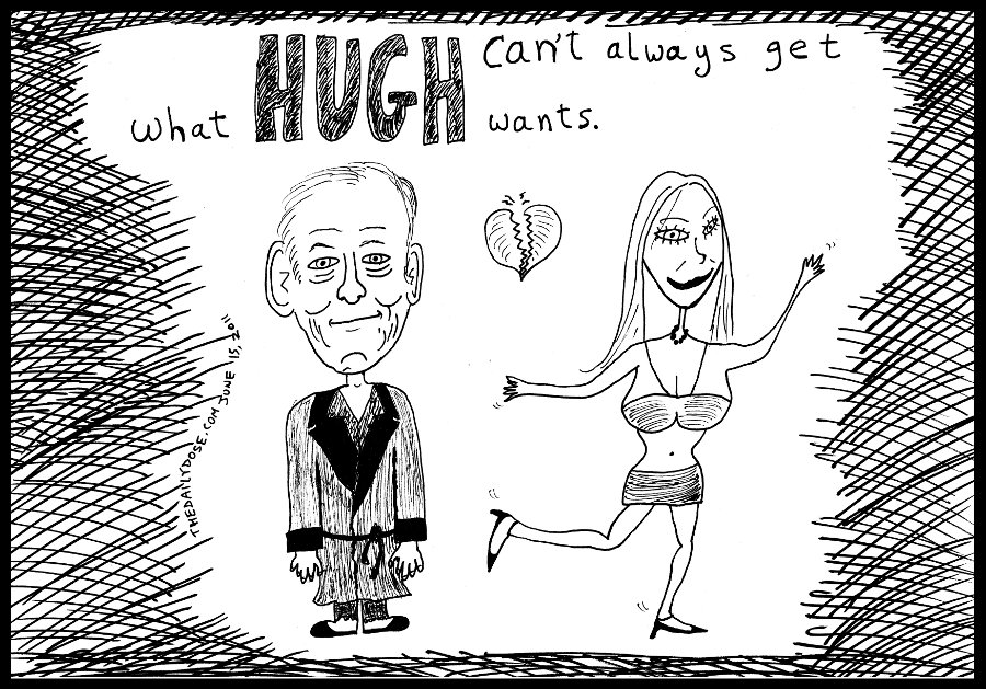 cartoon panel of 85 year old 
media mogul hugh hefner getting dumped by 25 year old playboy bunny crystal harris three days before wedding line drawing people power parody art ink on paper 2011 june 15 , from laughzilla for thedailydose.harari.org