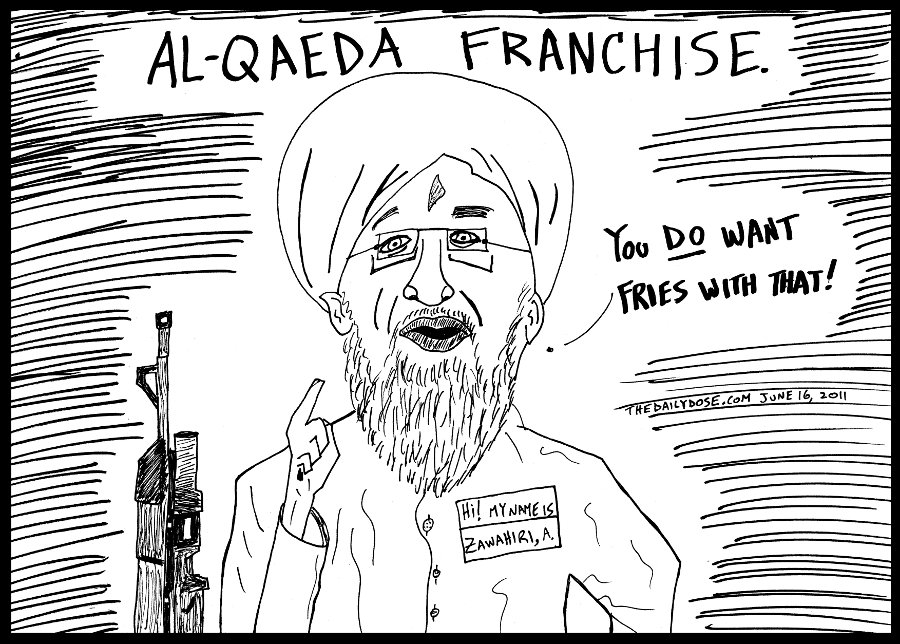 political cartoon panel of new al qaeda leader ayman al 
zawahiri commanding customers of the terror franchise to order fries line drawing people power parody art ink on paper 2011 june 16 , from laughzilla for thedailydose.harari.org