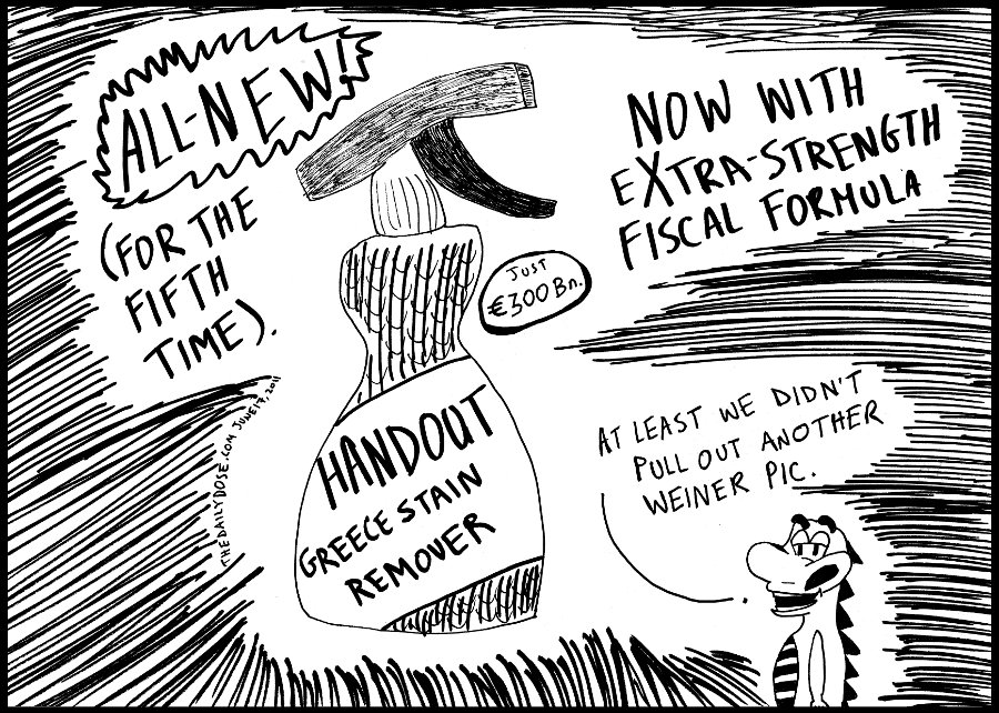 political cartoon panel of greece debt default financial 
troubles line drawing power parody art ink on paper 2011 june 17 , from laughzilla for thedailydose.harari.org