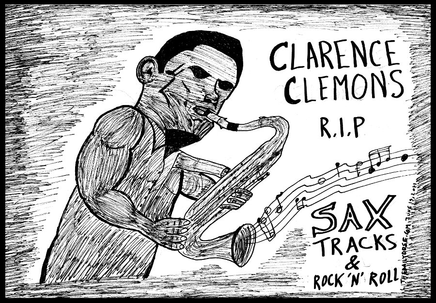 editorial cartoon panel of the late sax legend 
clarence clemons line drawing portrait art ink on paper 2011 june 19 , from laughzilla for thedailydose.harari.org