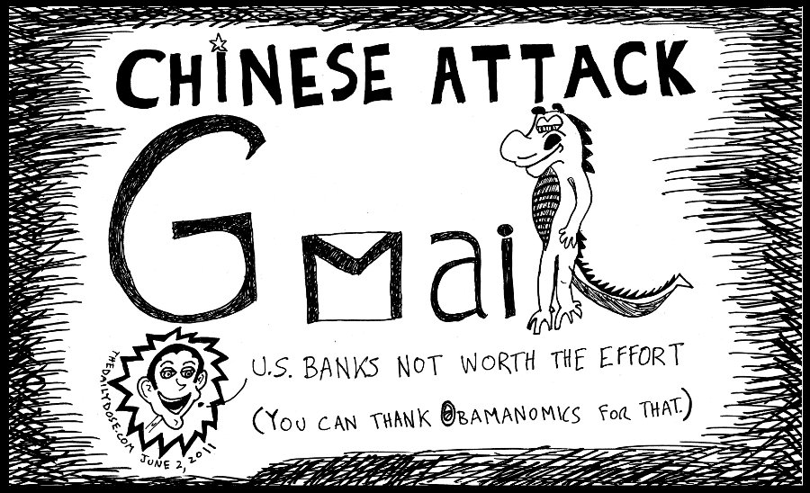 cyberculture political cartoon panel parody of china hack of gmail 
internet tech news satire line drawing art ink on paper 2011 june 2 , from laughzilla for thedailydose.harari.org
