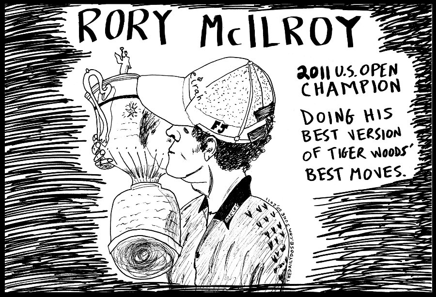 editorial cartoon panel 
portrait of u.s. open golf champion rory mcilroy line drawing portrait art ink on paper 2011 june 20 , from laughzilla for thedailydose.harari.org