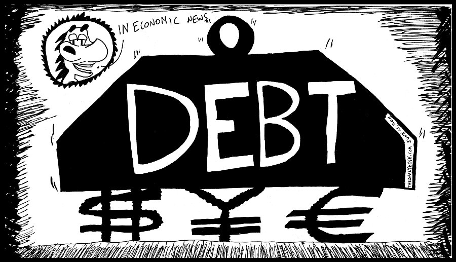 political cartoon panel debt weight crushing 
dollar yen and euro currency in global economy business news line drawing art ink on paper 2011 june 21 , from laughzilla for thedailydose.harari.org