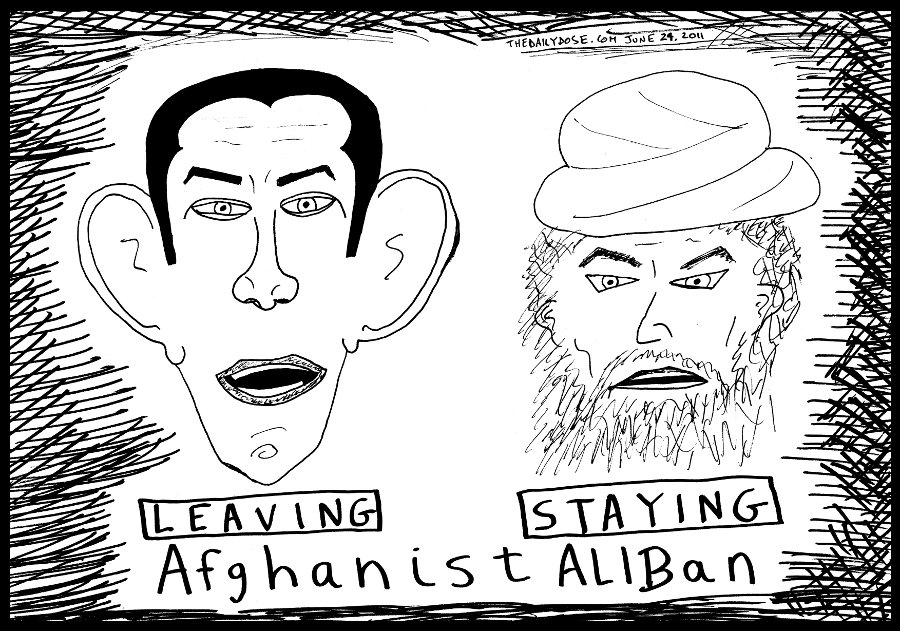 political cartoon panel of obama leaving afghanistan 
and the taliban staying making it afghanistaliban news line drawing art ink on paper 2011 june 24 , from laughzilla for thedailydose.harari.org