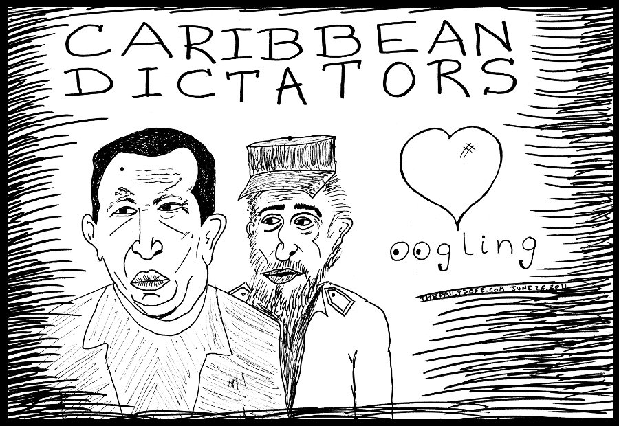 political cartoon panel of venezuela hugo 
chavez and cuba fidel castro as caribbean dictators who love oogling news line drawing art ink on paper 2011 june 26 , from laughzilla for thedailydose.harari.org