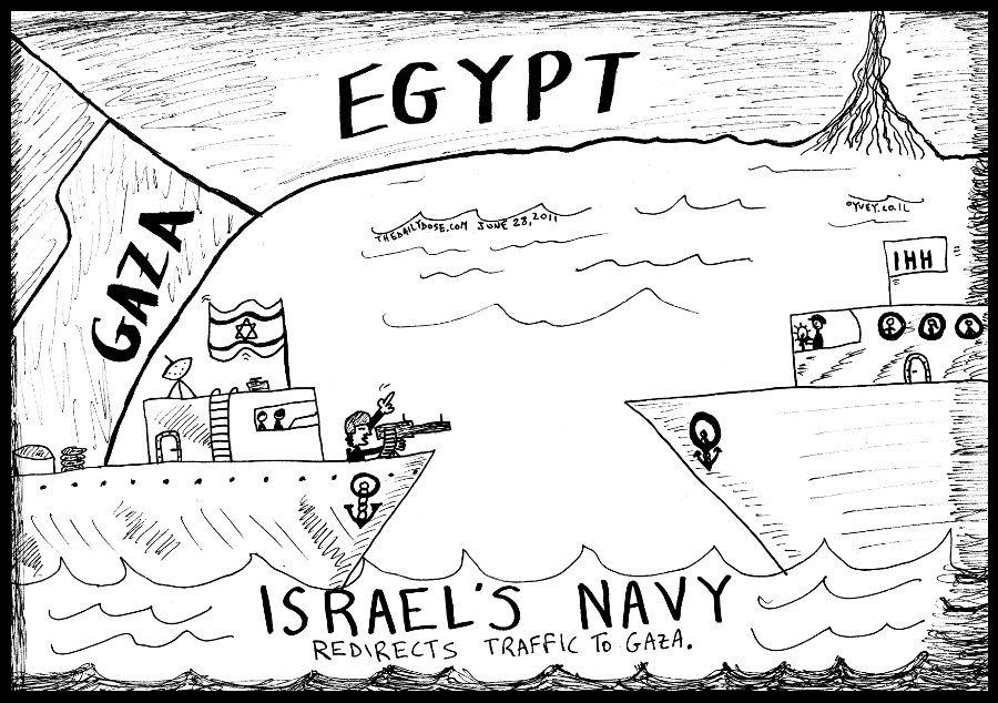political cartoon panel of israel navy ship 
policing ihh palestinian activists flotilla to port in el-arish egypt for entrance to gaza strip news line drawing art ink on paper 2011 june 28 , from laughzilla for thedailydose.harari.org