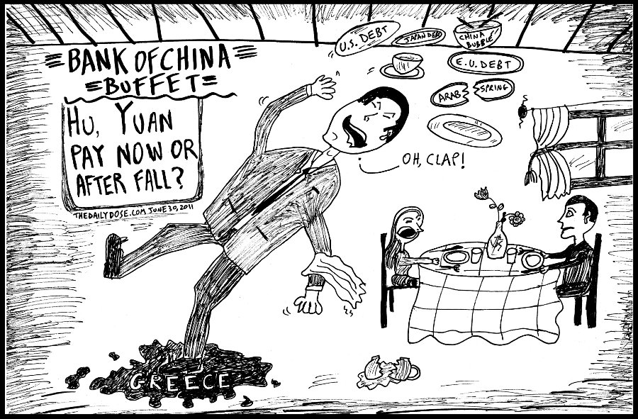political cartoon panel of bank of china buffet 
worldwide economic financial crash news line drawing art ink on paper 2011 june 30 , from laughzilla for thedailydose.harari.org