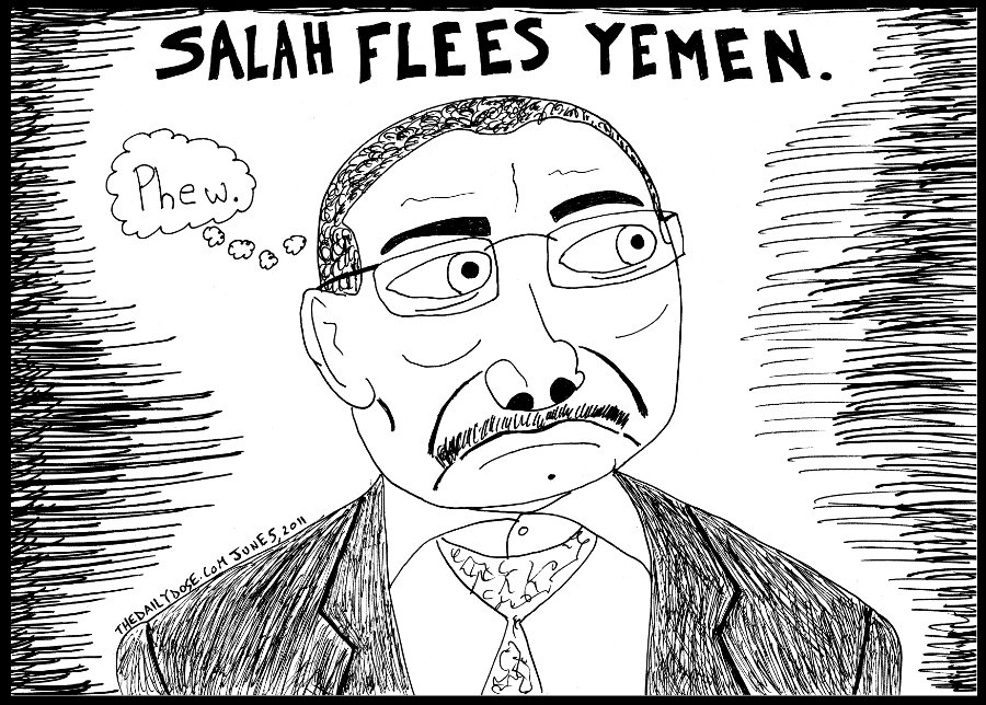 political cartoon panel parody of yemen president abdullah salah fleeing to 
saudi arabia following violent attacks by opponents to his regime news satire line drawing art ink on paper 2011 june 5 , from laughzilla for thedailydose.harari.org