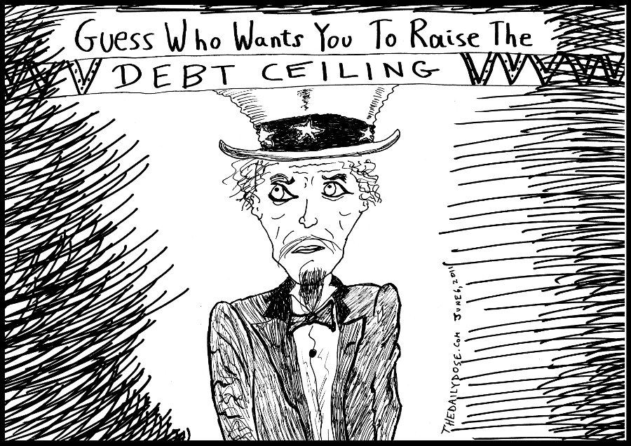 political cartoon panel of uncle sam parody 
poster to raise the u.s. debt ceiling news satire line drawing art ink on paper 2011 june 6 , from laughzilla for thedailydose.harari.org