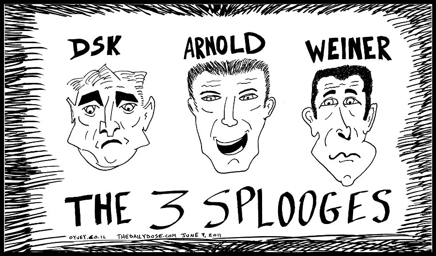 political cartoon panel of former imf boss dsk former 
governor arnold sperminator and congressman anthony weiner as the three splooges news satire line drawing art ink on paper 2011 june 7 , from laughzilla for thedailydose.harari.org