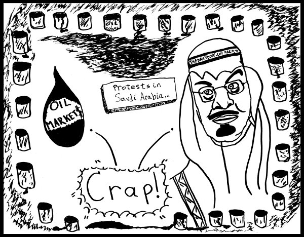 cartoon 
about the oil markets and saudi arabia king abdullah facing popular protests in the arab spring of 2011, from laughzilla for thedailydose.harari.org