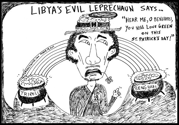cartoon about St. Patrick's Day and the Green loving Col. Gaddafi in 2011, from laughzilla for thedailydose.harari.org