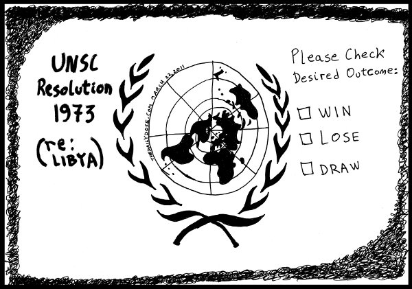 cartoon comic strip featuring possible outcomes of un 
security council resolution 1973 regarding libya , from laughzilla for thedailydose.harari.org and oyvey.co.il