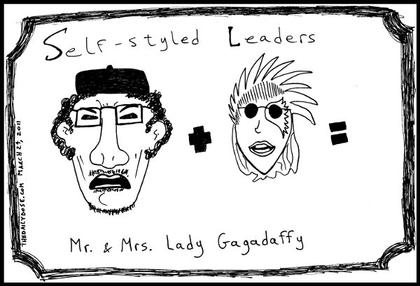 cartoon comic strip featuring a very fashionable fantasy bad romance of 
gaddafi and lady gaga , from laughzilla for thedailydose.harari.org