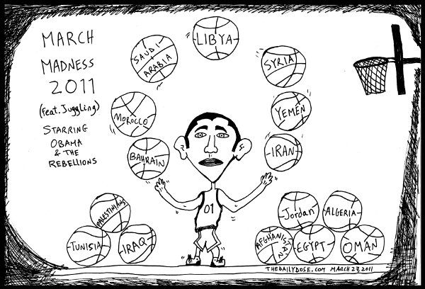 cartoon comic strip featuring president obama during 
march madness 2011 juggling mideast countries as basketballs , from laughzilla for thedailydose.harari.org